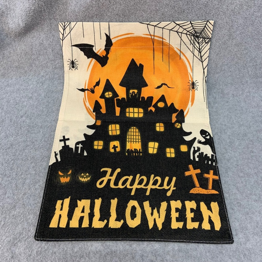 Haunted House Halloween Garden Flag Orange Black Burlap Style Decor 12x18